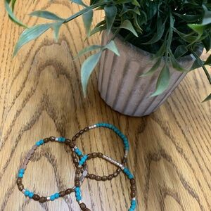 {Handmade} NWOT! Turquoise, Brown and Rose Gold Beaded Bracelet Set